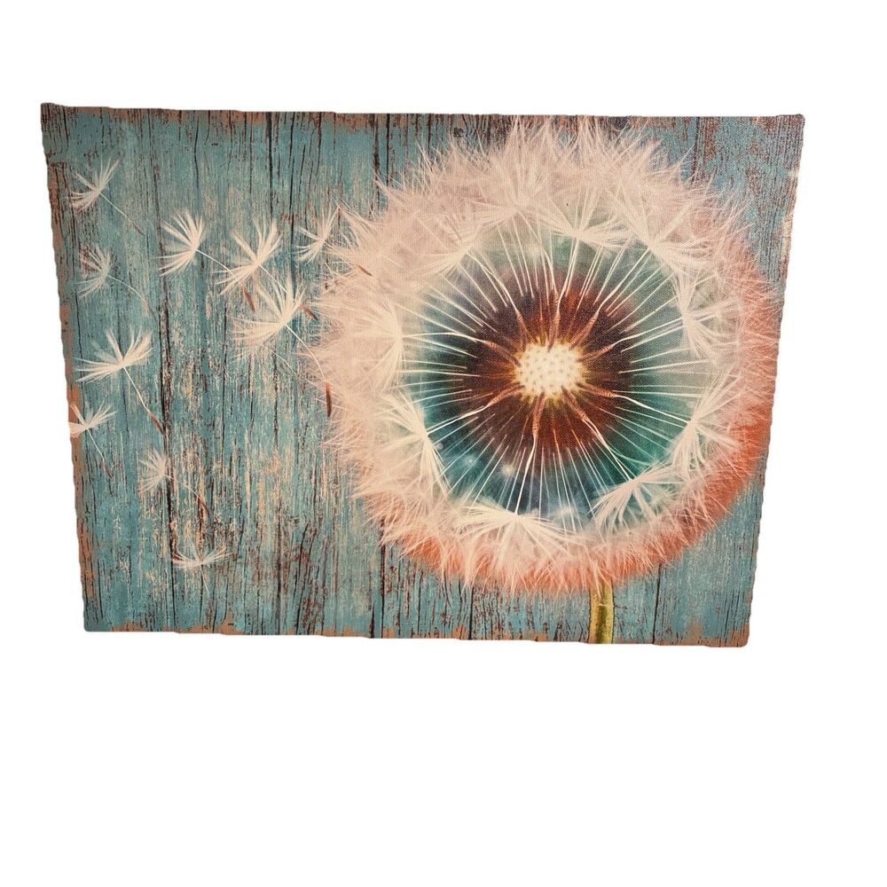 Dandelion Blowing In Wind Teal Wall Art On Canvas. Rustic Wood Look  16”x12”